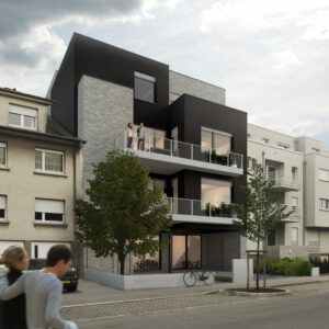 Cohousing Gebäude in Bonnevoie mit einer hinterlüfteten Fassade aus verbrannten Holz