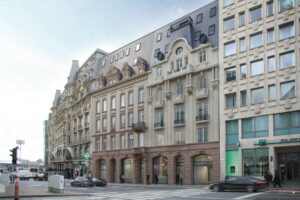 View from the Avenue de la Liberté on the restored façade of The Arcs building, designed by BALLINIPITT architectes urbanistes, opposite the Luxembourg Central Station.