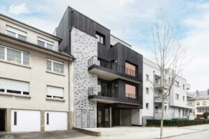 Bâtiment cohousing à Bonnevoie avec une façade ventilée en briques en bois brulé